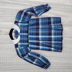 Blue Plaid Trapeze Long Sleeve Girls Dress w/ White Collar Sz5t